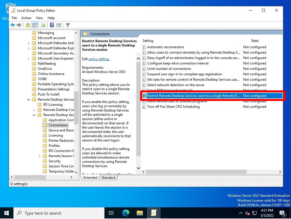 Windows Server 2022 : Remote Desktop Multiple Session Allowing Settings 